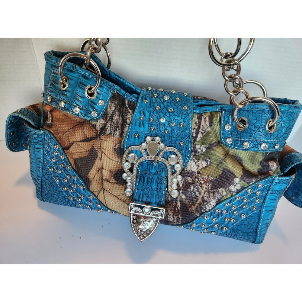 Concealed Carry Handbag Studded Bling Camo, Sky Blue Purse Shoulder Bag Moc Croc